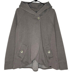 Prana Darby Jacket Womens Large Cotton Fleece Gray Hooded Button Pleated Pocket